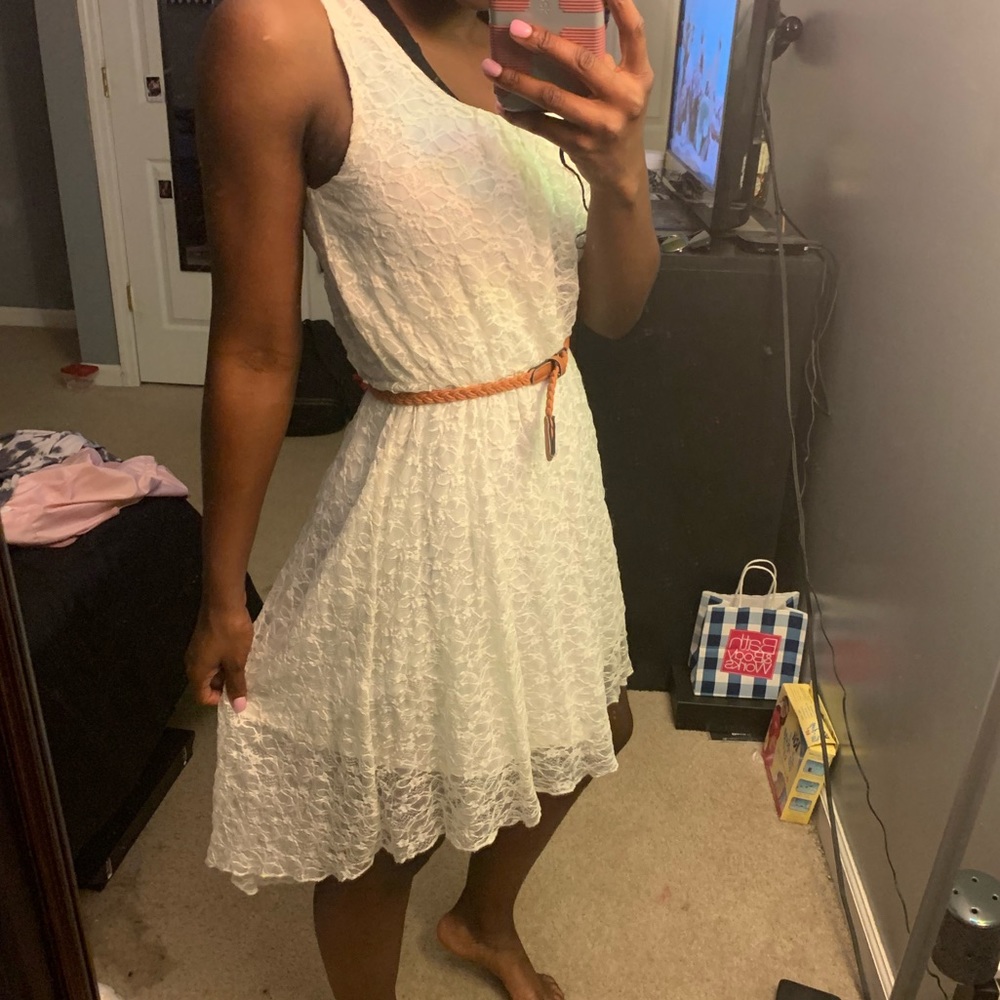 Cutest White Dress with Brown Accent Belt